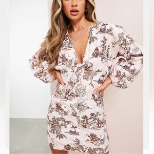Pink and Brown Mini Long Sleeve Shoulder Detail Mini Dress